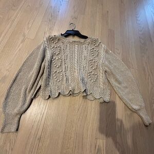 LoveShackFancy Beige Sequined Throughout Embroidered Knit Crochet Sweater Medium